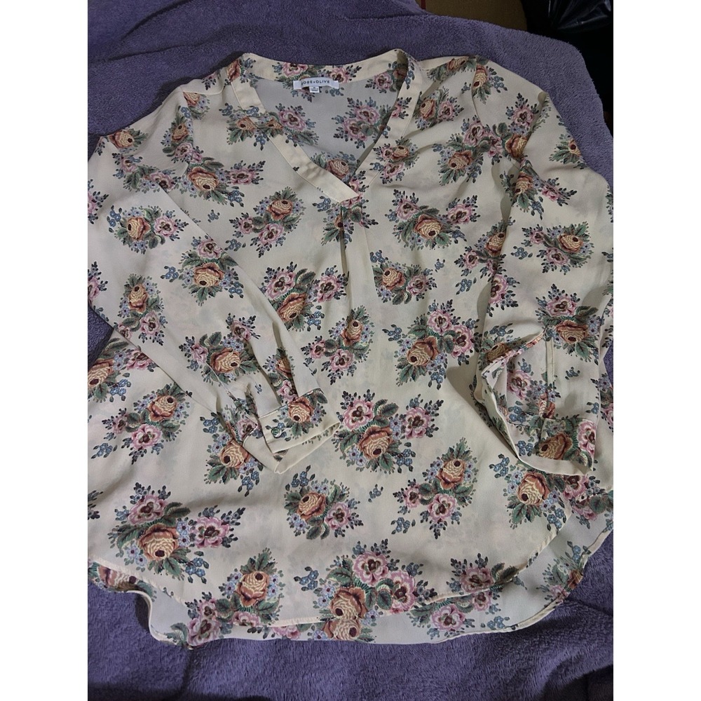 Rose & Olive Blouse Medium Floral Sheer Boho Long Sleeve V Neck‎ Blouse